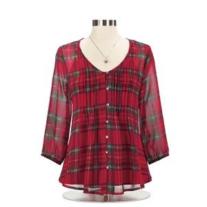 2X NorthStyle Red Plaid Pintuck Chiffon Tunic with 3/4 Sleeves - Christmas-Time!